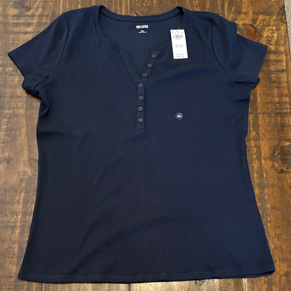 Hollister Women's Dark Blue Button-Front Tee